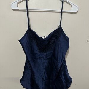 Christine Elegant Silk Navy Lace Trim Cami Top Women’s Size S/Petite